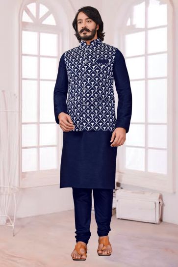 Lovely Blue Color Art Silk Sangeet Wear Readymade Kurta Pyjama With Designer Jacket