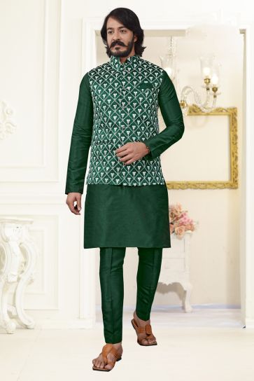 Beautiful Dark Green Color Art Silk Reception Wear Readymade Kurta Pyjama With Stylish Jacket