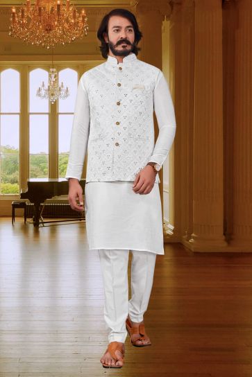 Attractive White Color Art Silk Function Wear Readymade Kurta Pyjama With Trendy Jacket