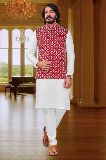 Enriching White Color Art Silk Festive Wear Readymade Kurta Pyjama With Designer Jacket