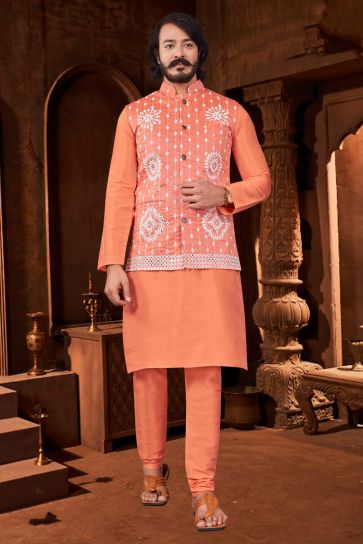 Alluring Peach Color Art Silk Sangeet Wear Readymade Kurta Pyjama With Trendy Jacket