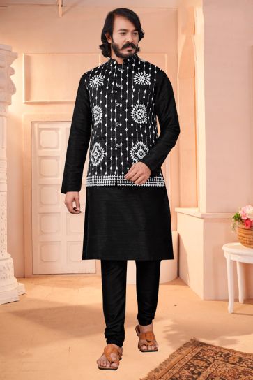 Graceful Black Color Art Silk Wedding Wear Readymade Kurta Pyjama With Designer Jacket