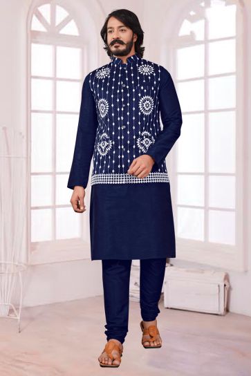 Artistic Blue Color Art Silk Function Wear Readymade Kurta Pyjama With Stylish Jacket