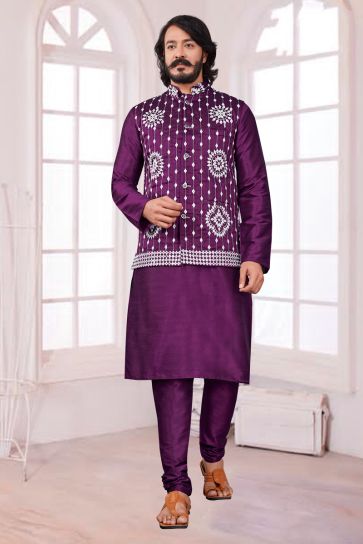 Appealing Purple Color Art Silk Festive Wear Readymade Kurta Pyjama With Trendy Jacket