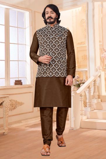 Striking Brown Color Art Silk Sangeet Wear Readymade Kurta Pyjama With Trendy Jacket