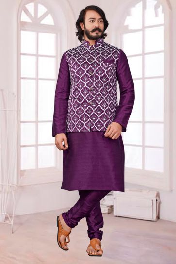 Attractive Purple Color Art Silk Sangeet Wear Readymade Kurta Pyjama With Designer Jacket