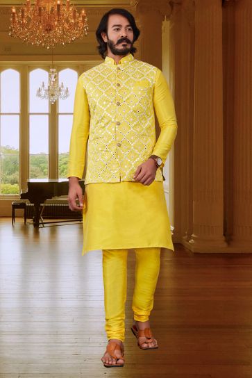 Splendiferous Yellow Color Art Silk Reception Wear Readymade Kurta Pyjama With Stylish Jacket