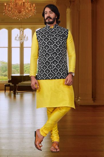 Yellow cotton kurta and dhoti set with black printed jacket- set of three  by Saka Designs | The Secret Label