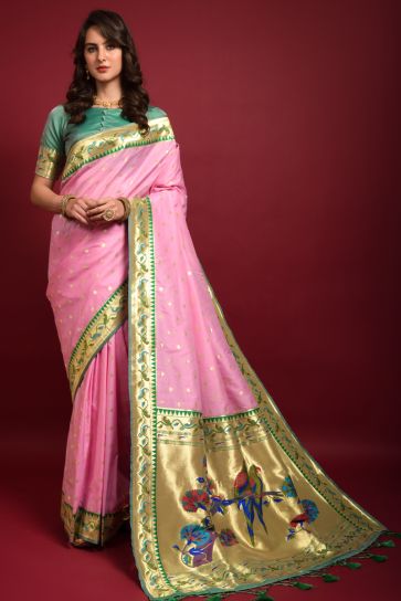 Soothing Paithani Silk Weaving Designs Saree In Pink Color