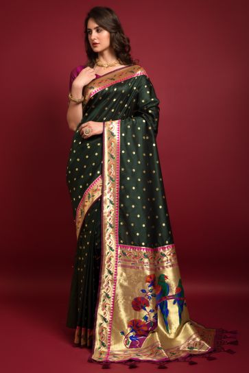 Dark Green Color Glorious Paithani Silk Weaving Designs Saree