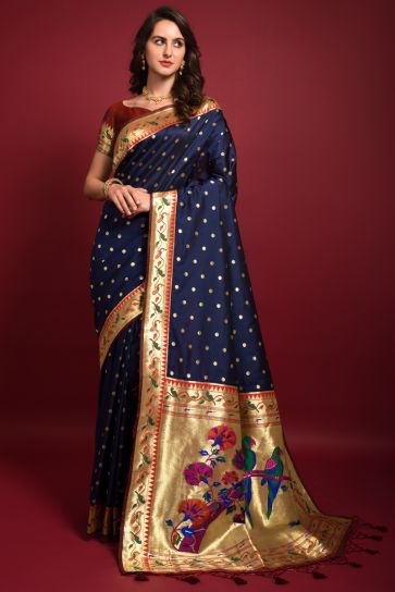 Delicate Navy Blue Color Paithani Silk Weaving Designs Saree