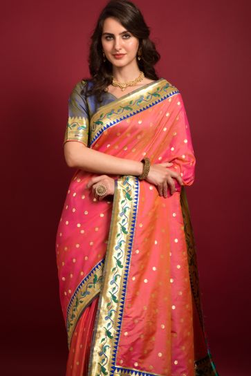 Blazing Peach Color Paithani Silk Weaving Designs Saree