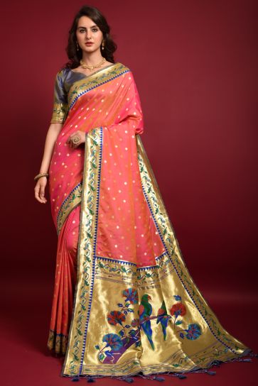 Blazing Peach Color Paithani Silk Weaving Designs Saree