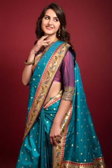Cyan Color Glamorous Paithani Silk Weaving Designs Saree