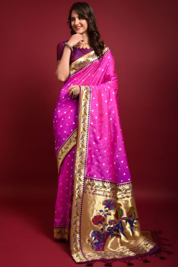 Rani Color Gorgeous Paithani Silk Weaving Designs Saree