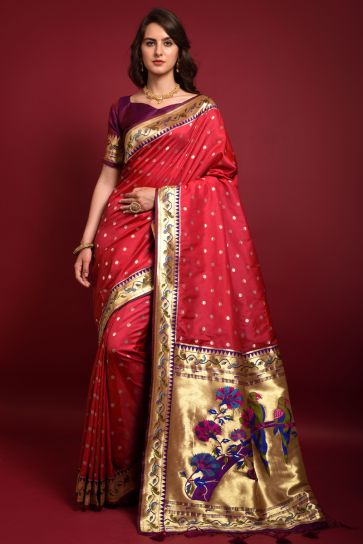 Red Color Pleasant Weaving Designs Paithani Silk Saree