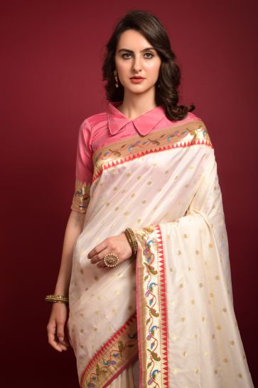 White Color Brilliant Paithani Silk Weaving Designs Saree