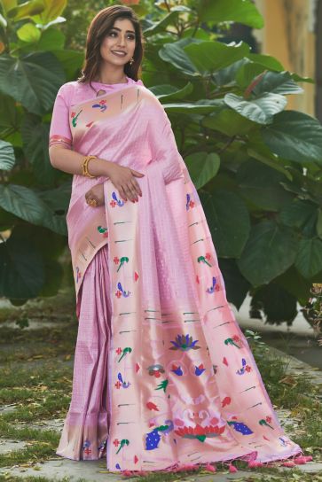 Weaving Work On Pink Color Remarkable Paithani Silk Saree