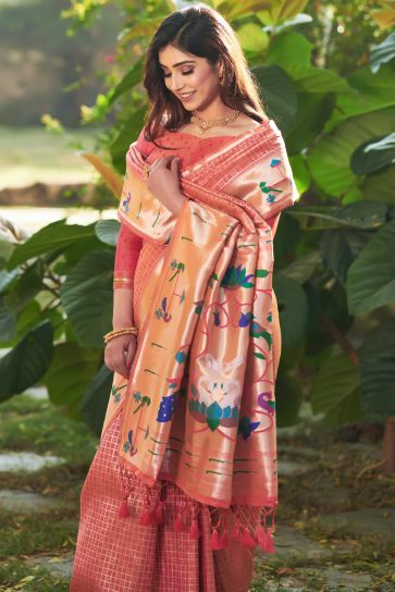 Peach Color Weaving Work Divine Paithani Silk Saree