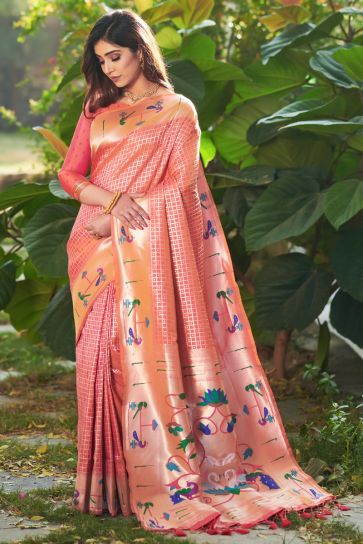 Peach Color Weaving Work Divine Paithani Silk Saree