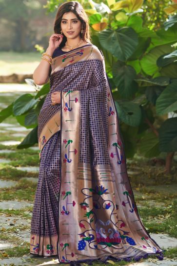 Weaving Work Blue Color Glorious Paithani Silk Saree