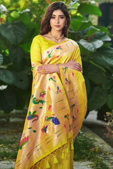 Yellow Color Weaving Work Engrossing Paithani Silk Saree
