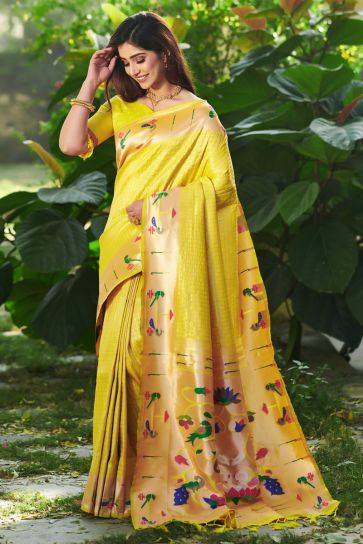 Yellow Color Weaving Work Engrossing Paithani Silk Saree