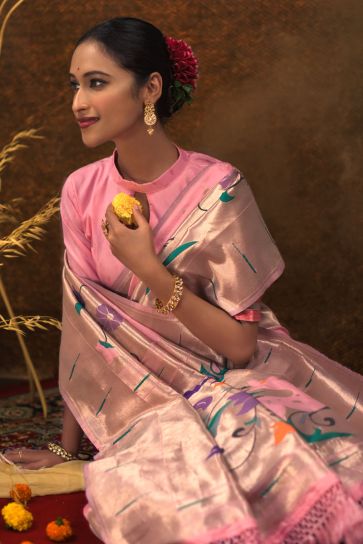 Pathani Silk Weaving Work Superior Saree In Pink Color