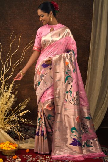 Pathani Silk Weaving Work Superior Saree In Pink Color