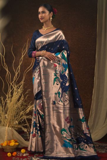 Pathani Silk Navy Blue Color Weaving Work Winsome Saree