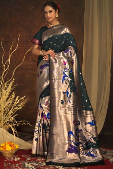 Dark Green Color Weaving Work Coveted Saree In Pathani Silk