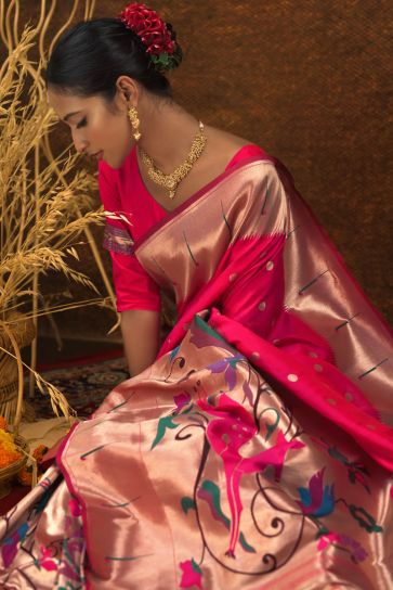 Pathani Silk Weaving Work Vivacious Saree In Rani Color