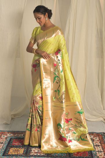 Pathani Silk Weaving Work Amazing Saree In Yellow Color