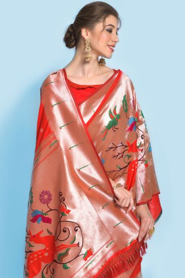 Red Color Weaving Work Pathani Silk Incredible Saree