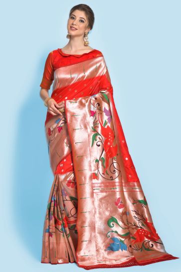 Red Color Weaving Work Pathani Silk Incredible Saree