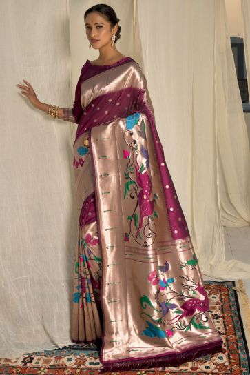 Pathani Silk Wine Color Weaving Work Phenomenal Saree