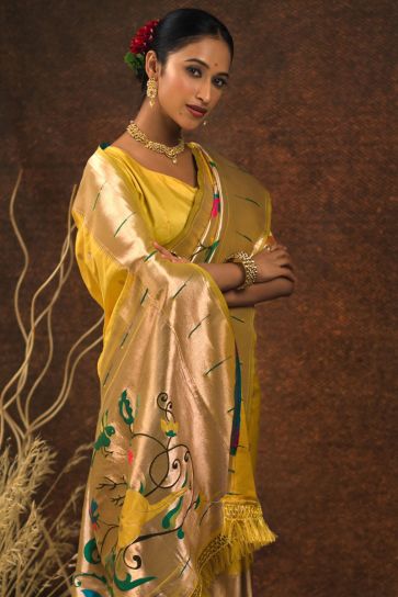 Mustard Color Pathani Silk Weaving Work Beatific Saree