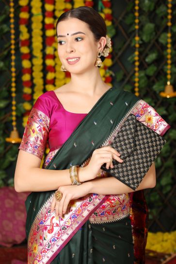 Engaging Dark Green Color Festive Wear Paithani Silk Saree