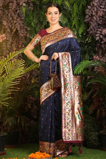 Vintage Navy Blue Color Festive Wear Paithani Silk Saree
