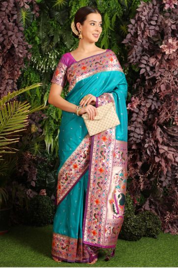 Excellent Sea Green Color Festive Wear Paithani Silk Saree