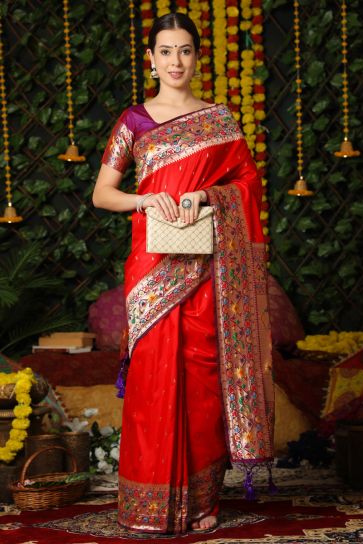 Beguiling Red Color Festive Wear Paithani Silk Saree