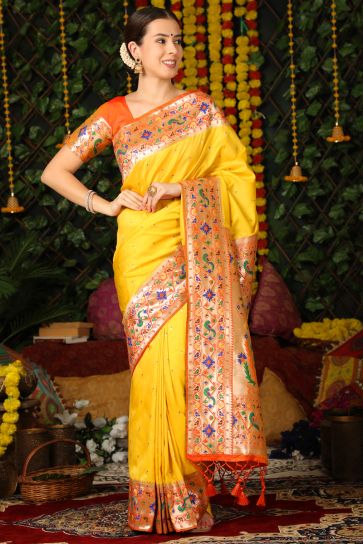 Incredible Yellow Color Festive Wear Paithani Silk Saree