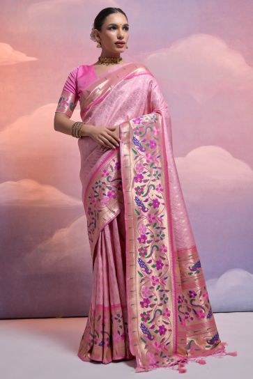 Pink Exclusive Meenakari Zari Weaving Border Work Paithani Silk Sarees