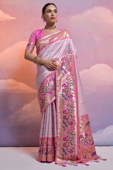 Delightful Lavender Meenakari Zari Weaving Border Work Paithani Silk Function Wear Saree