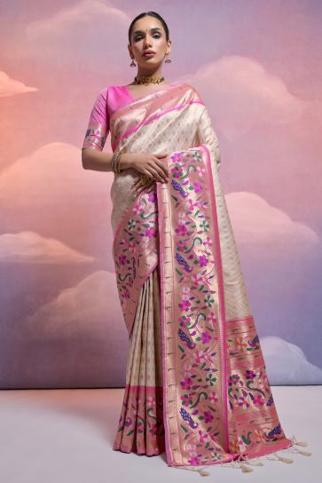 Adorable Off White Color Function Wear Paithani Silk Meenakari Zari Weaving Border Work Design Saree