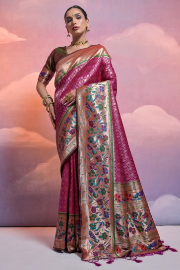 Wine Paithani Silk Designer Saree For Wedding Function