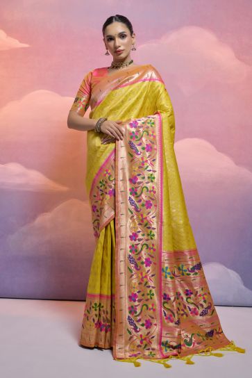 Yellow Paithani Silk Festive Wear Meenakari Zari Weaving Border Work Saree