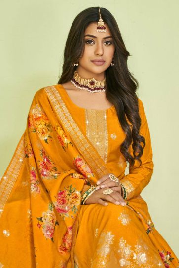 Exclusive Yellow Color Festive Wear Palazzo Suit In Fancy Fabric