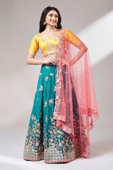 Sequins Work Teal Color Designer 3 Piece Lehenga Choli In Georgette Fabric