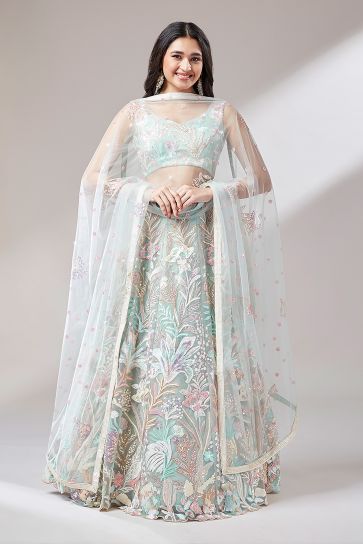 Stunning Net Fabric Fine Embroidered Bridal Lehenga in Sea Green